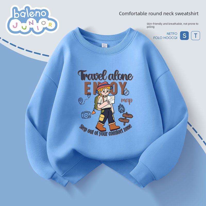 Baleno Kids Children s Sweatshirt Spring and Autumn 2026 New Boys  Round Neck Top for Older Boys Cool and Stylish Long Sleeve Blue # Tb Travel Alone 110