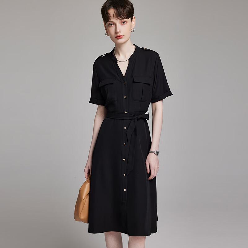 Women s V-Neck Short Sleeve Tie-Waist Midi Shirt Dress M чёрный
