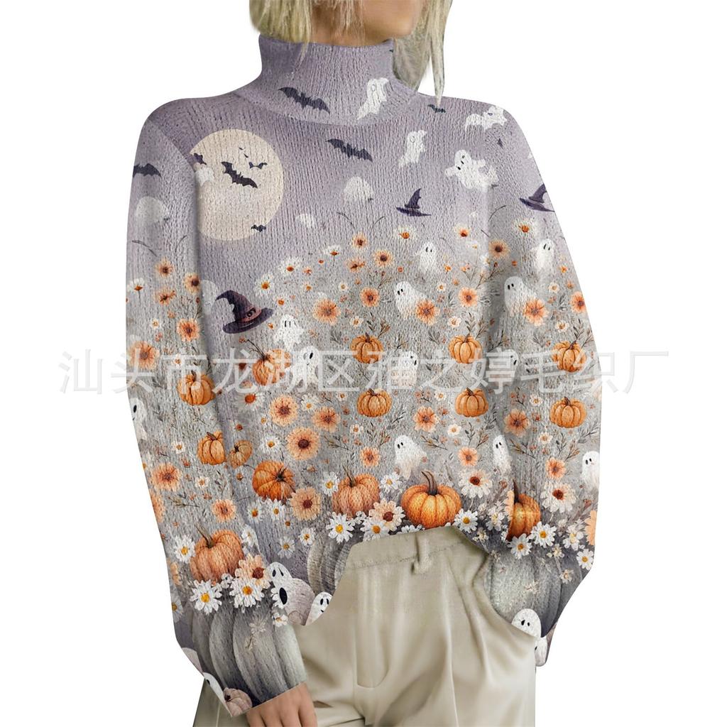 HJX-GL1 Turtleneck Pullover Long Sleeve Halloween Devil 3D Printed Sweater New Loose Autumn and Winter
