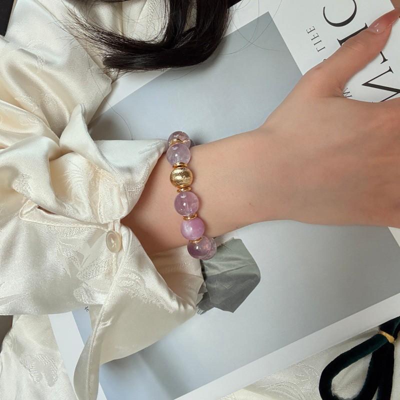 Handmade Natural Lavender Amethyst Kunzite Crystal Bracelet Women Single Strand Round Bead Elegant Versatile