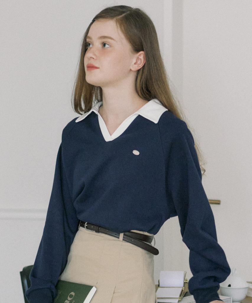 OURHOPE Pique Open Collar Sweatshirt - Navy