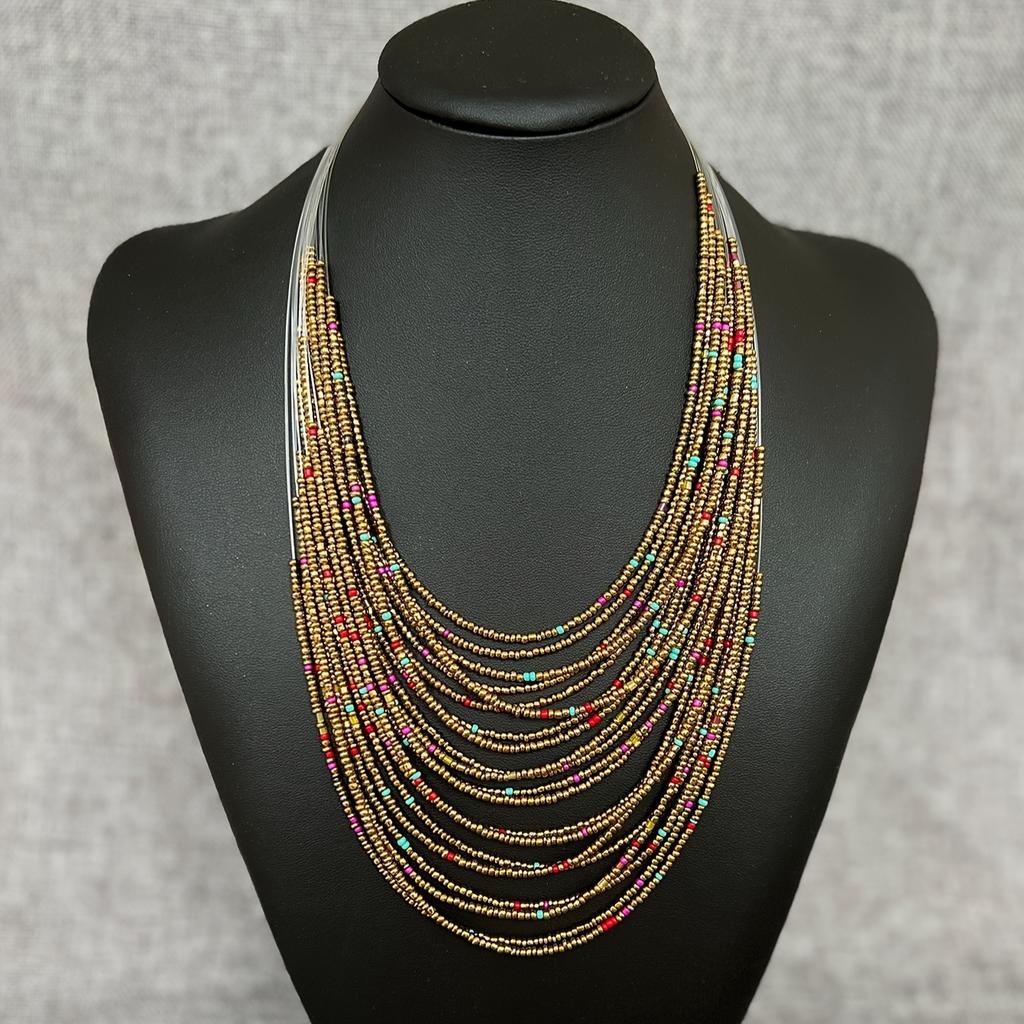 Retro Ethnic Style Rice Bead Necklace Bohemian Multi-layer Beaded Sweater Chain