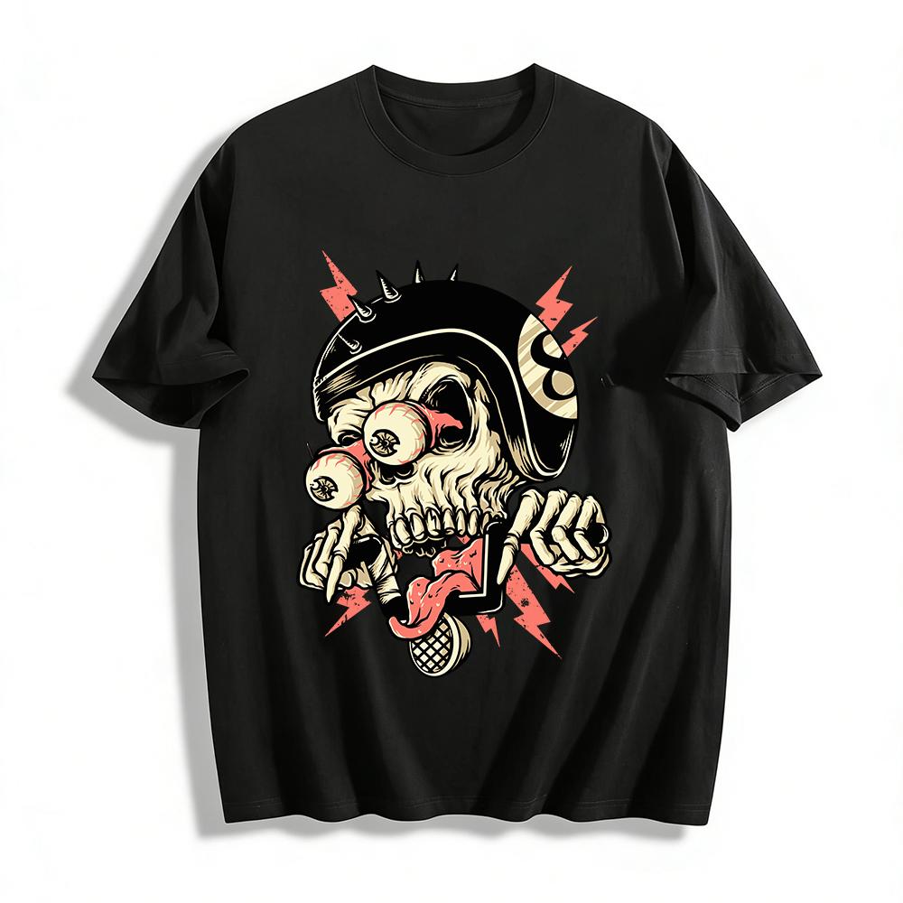 

Crazy Pop-eyed Skull Biker Print T-shirt Punk Style Casual Top Pure cotton T-shirt 6XL