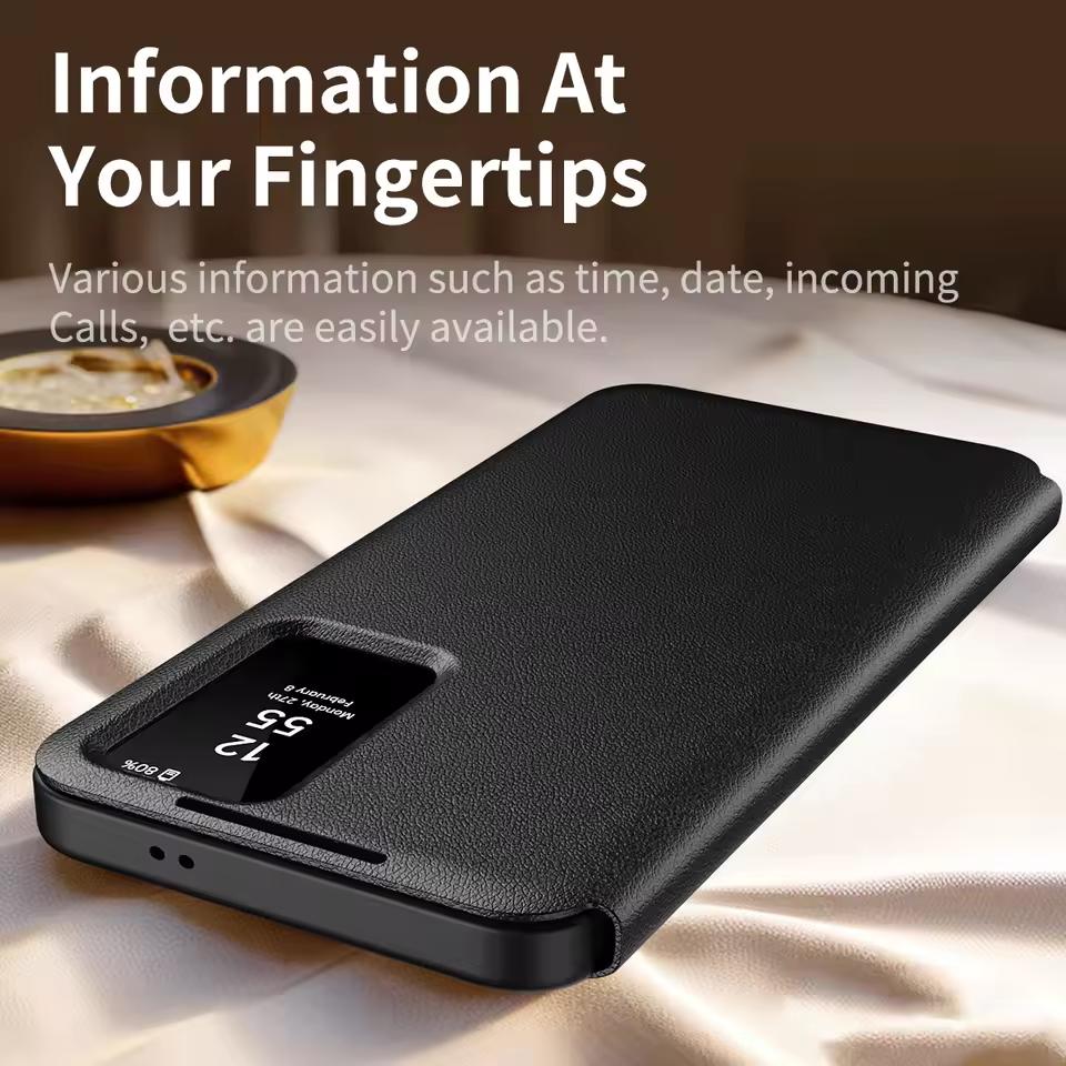 For Samsung Galaxy S26 Ultra S24 FE S25Plus Flip Case Original Business Leather Card Pocke Flip Smart Display Transparent Window Anti-fall Protect