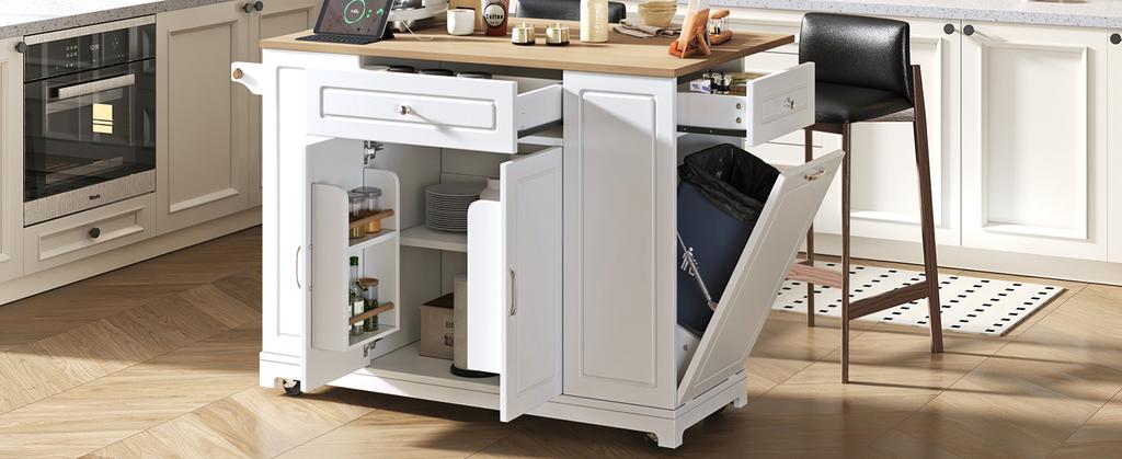 Kitchen island with casters, extendable dining area with multifunctional drawers and waste bin compartment, ideal for kitchen and dining room (white)