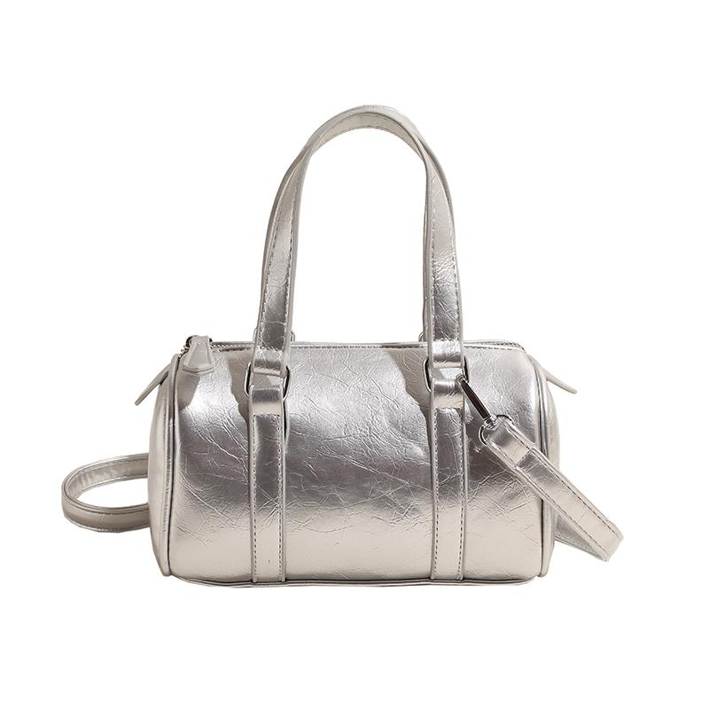 Solid Color Cylinder Pillow Bag Minimalist Large Capacity Women Handheld Shoulder Crossbody Bag Black Silver