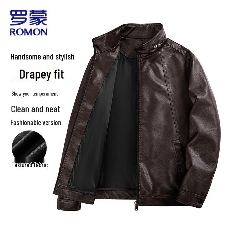 

ROMON Men s Faux Leather Stand Collar Jacket 4XL