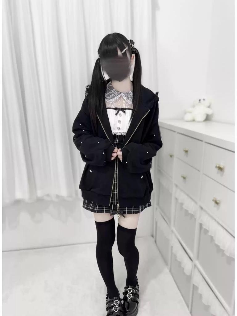 ZYOOFOV Long Sleeve Hoodie with Open Rabbit and Cute Plus Princess Gothic Harajuku Women's Front, Ears, Lace, Ruffles, Ribbon, Bow, Zip-Up Top, Sizes,