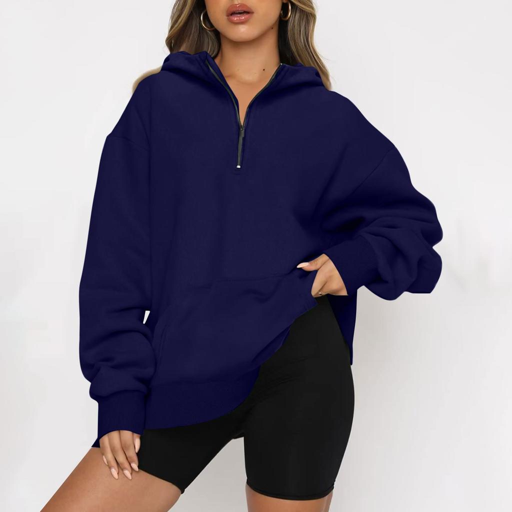 Women's Casual Fashion Long Sleeve Solid Color Zipper Hooded Sweatshirt Top