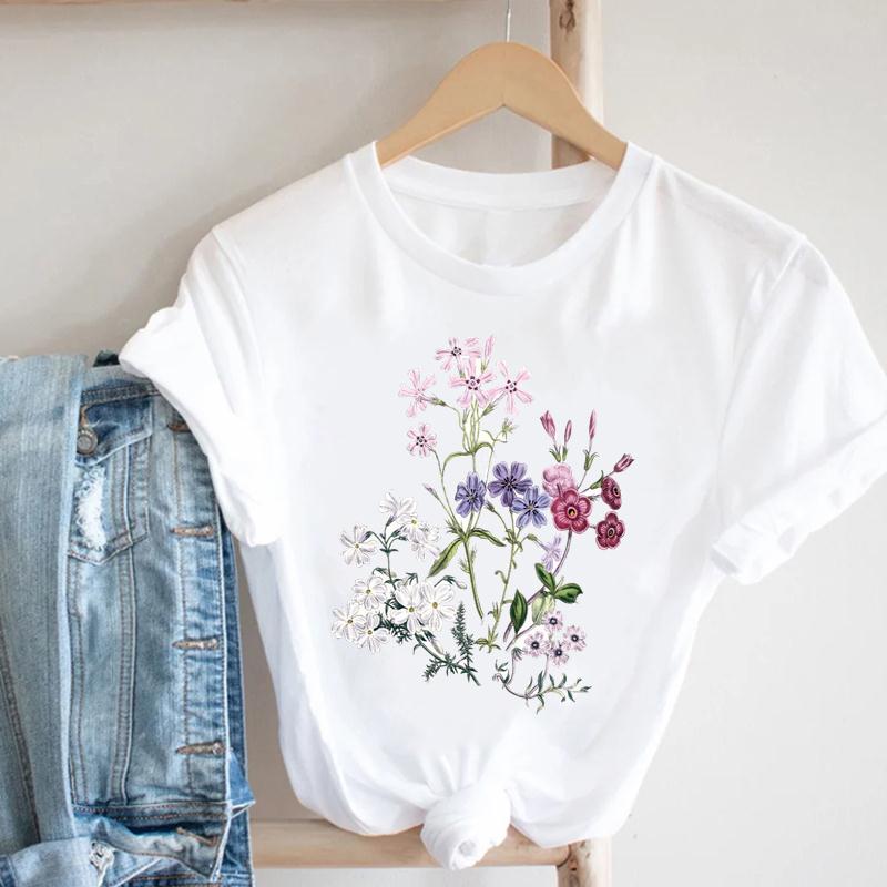 (European Size) 90s Flower Spring Short Sleeve Tee Top Fashion T-shirt Clothing  90s Casual Women Print Summer Lady Female Graphic T-shirt