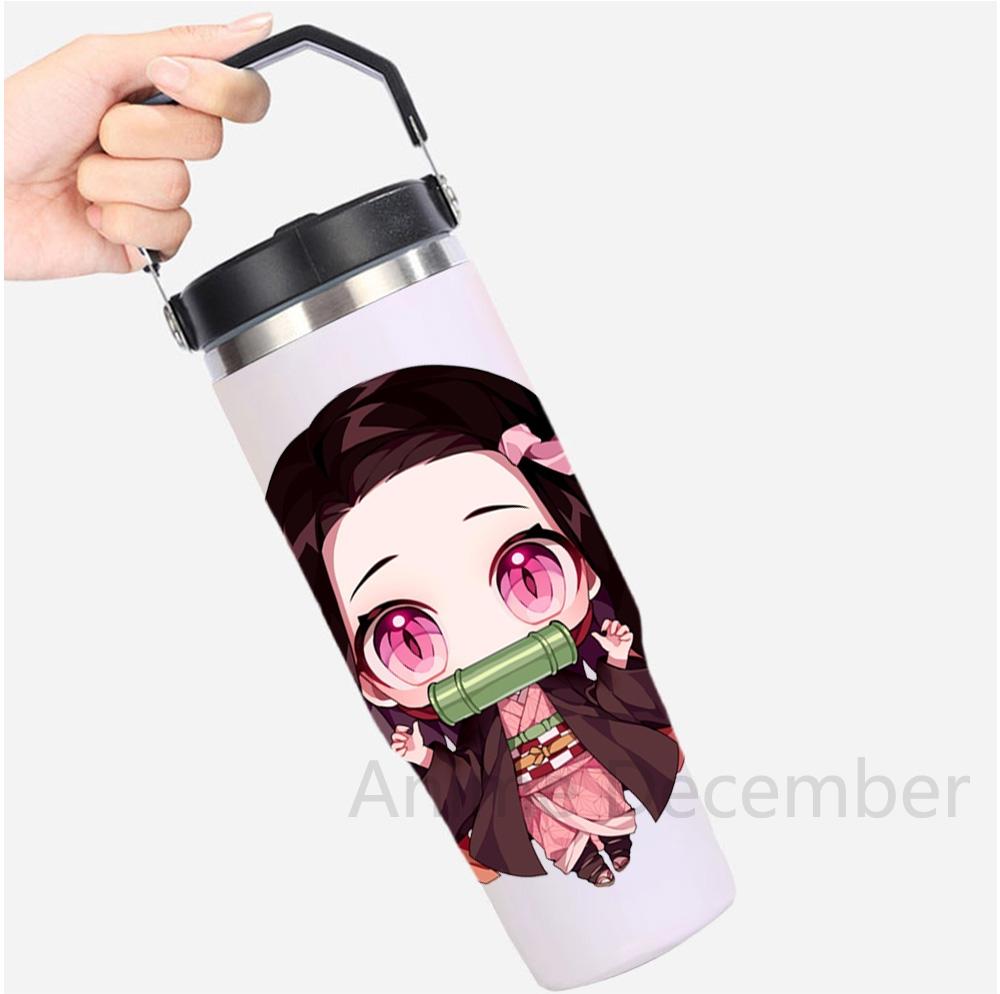 30oz Anime Portable Car Cup Stainless Steel Thermos Cup with Straw Travel Sport Water Bottle Handle Cover Coffee Vacuum Flask