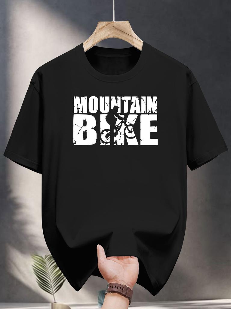 Mountain Bike Graphic Print T-shirt - Black Casual Short Sleeve Round Neck Tee for Summer Outdoor Cycling Enthusiasts