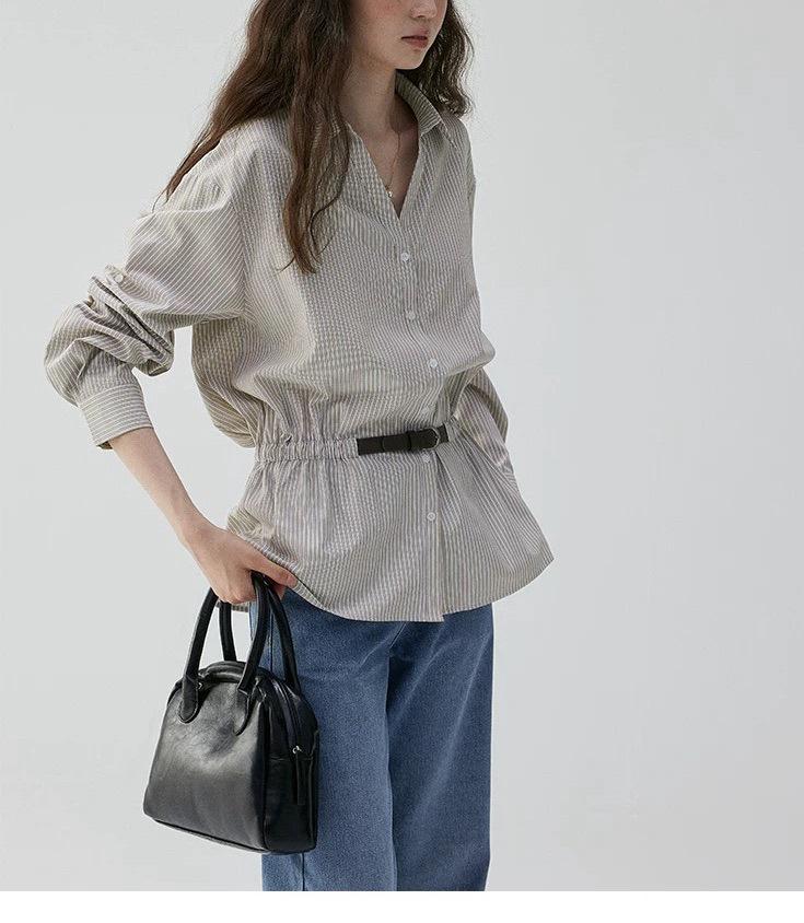 Gray Women s V-Neck Waist-Cinching Striped Loose Shirt - Elegant Autumn Top, Cotton Blend Small серый