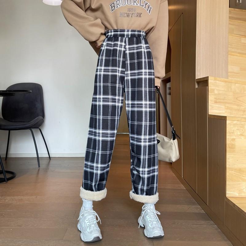Women's High Waist Plaid Straight Pants Loose Fleece Lined Warm Casual Wide Leg Trousers For Winter Student Daily Commute Wear