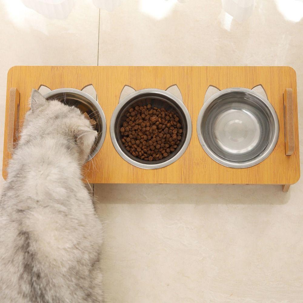 Cute Lifting Height Pet Food Bowl Stainless Steel Durable Cat Food Plate Three Bowls Design Pet Feeding Bowl Cat Feeding