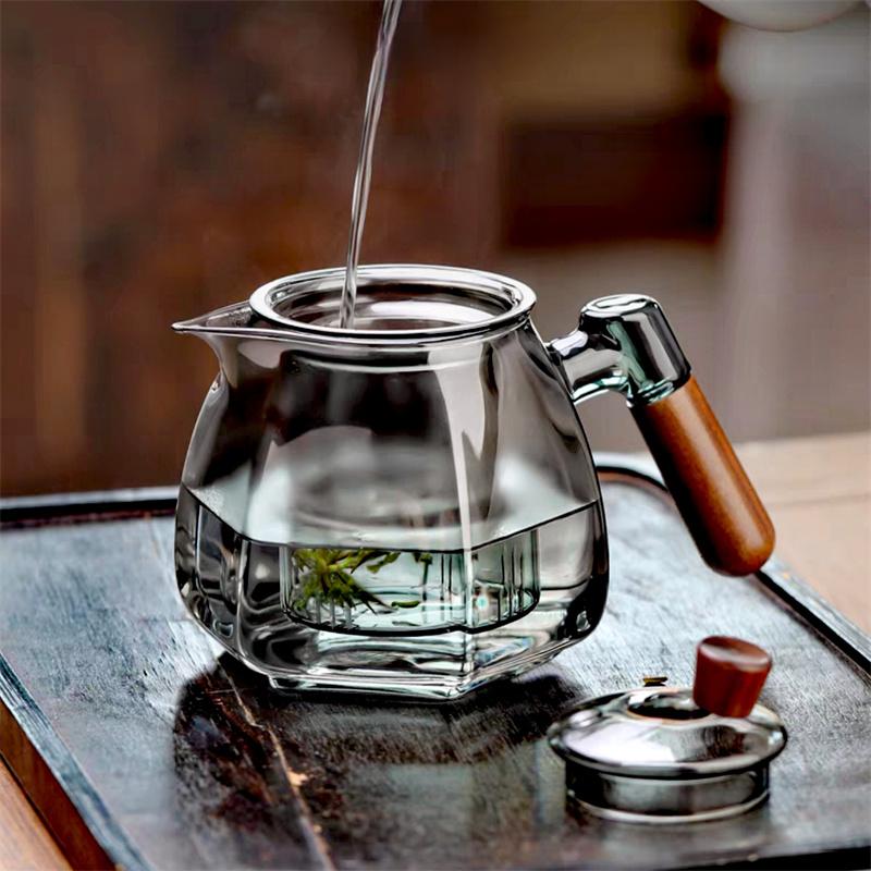 600ml Wooden Handle Hexagonal Glass Teapot with Tea Infsuer Houshold Brewing Tea Pot Tea Ceremony Tea Maker Teaware