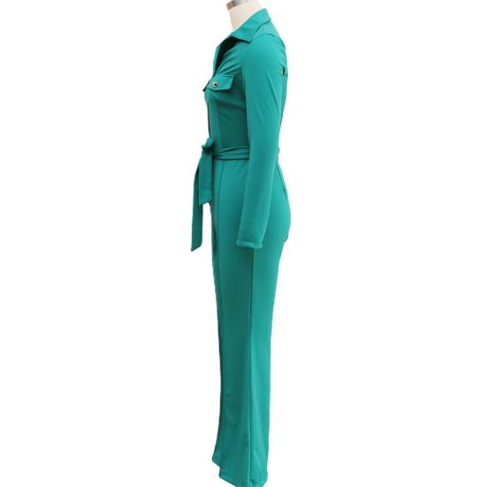 Women Fall Spring Jumpsuit Lapel Half Single-breasted Solid Color Long Sleeve Slim