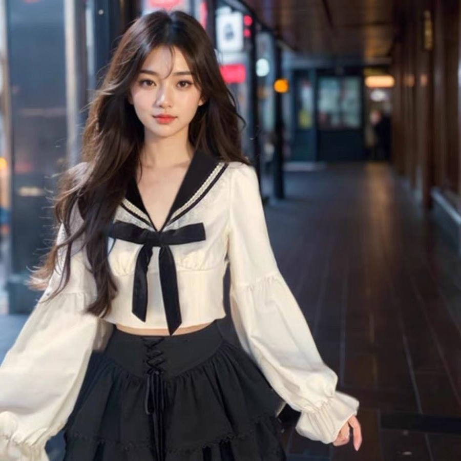 Korejský preppy mašle námořnický top s dlouhým rukávem a midi sukně s vysokým pasem set
