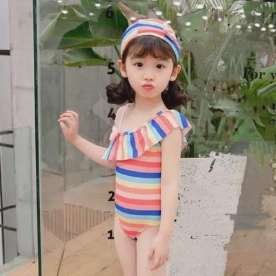 Costume da bagno da bambina carino a righe monospalla con fiocco - Nuovo stile