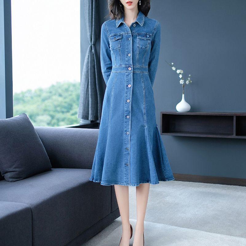 

Slim Autumn and Winter New Fishtail Denim Long Dress Slim Pleated Ruffled One-piece Dress Female XXS