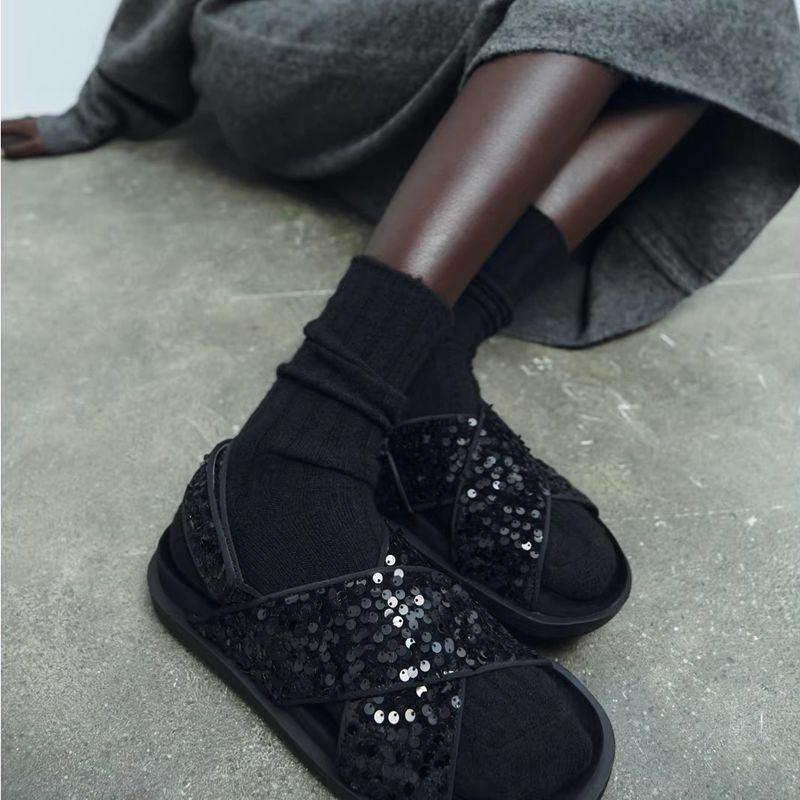 ZA Shoes New Black Beaded Flat Sandals Thick-soled Seaside Vacation Wind Beach Shoes Small Man