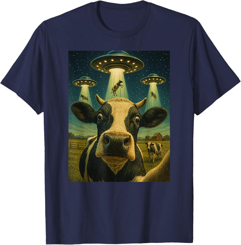 Funny Cow Abduction Selfie UFO Alien Graphic Tee T-Shirt Casual Daily Wear