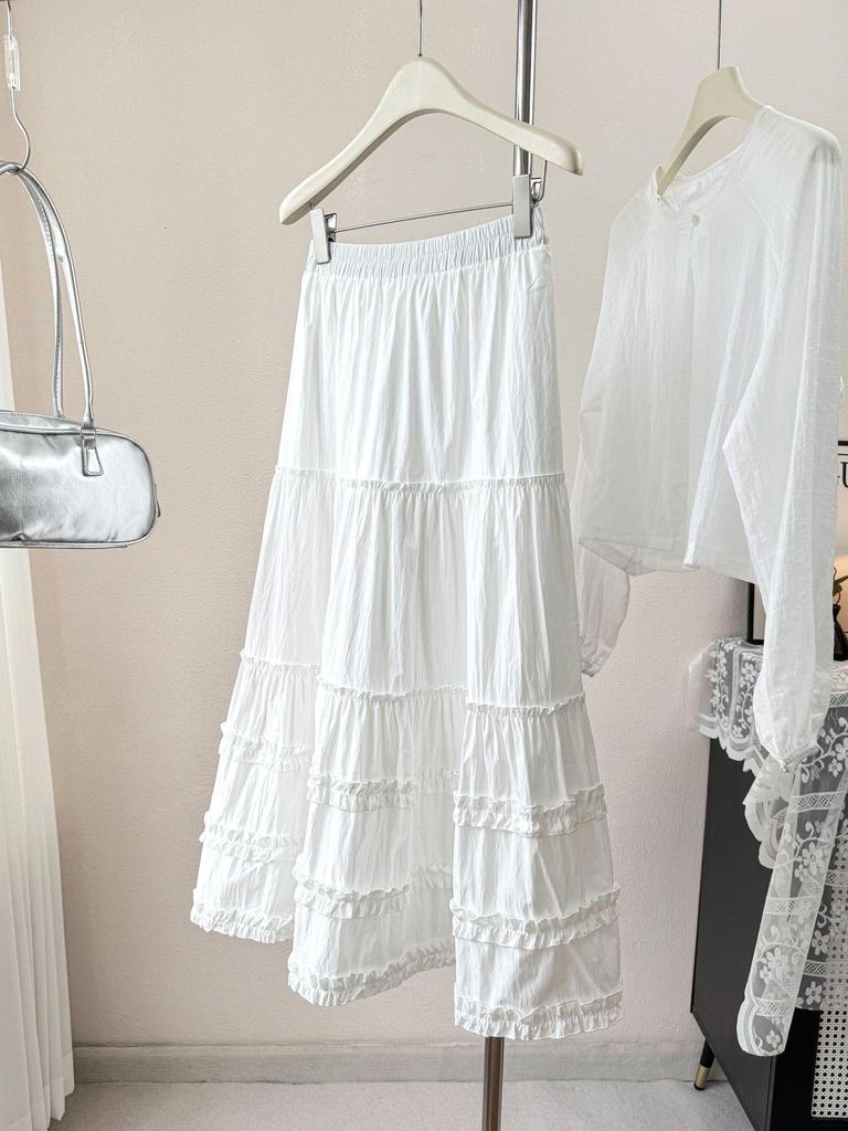 Korean-Style Black Layered Ruffled Lace Long Skirt - Women's Spring/Summer 2026