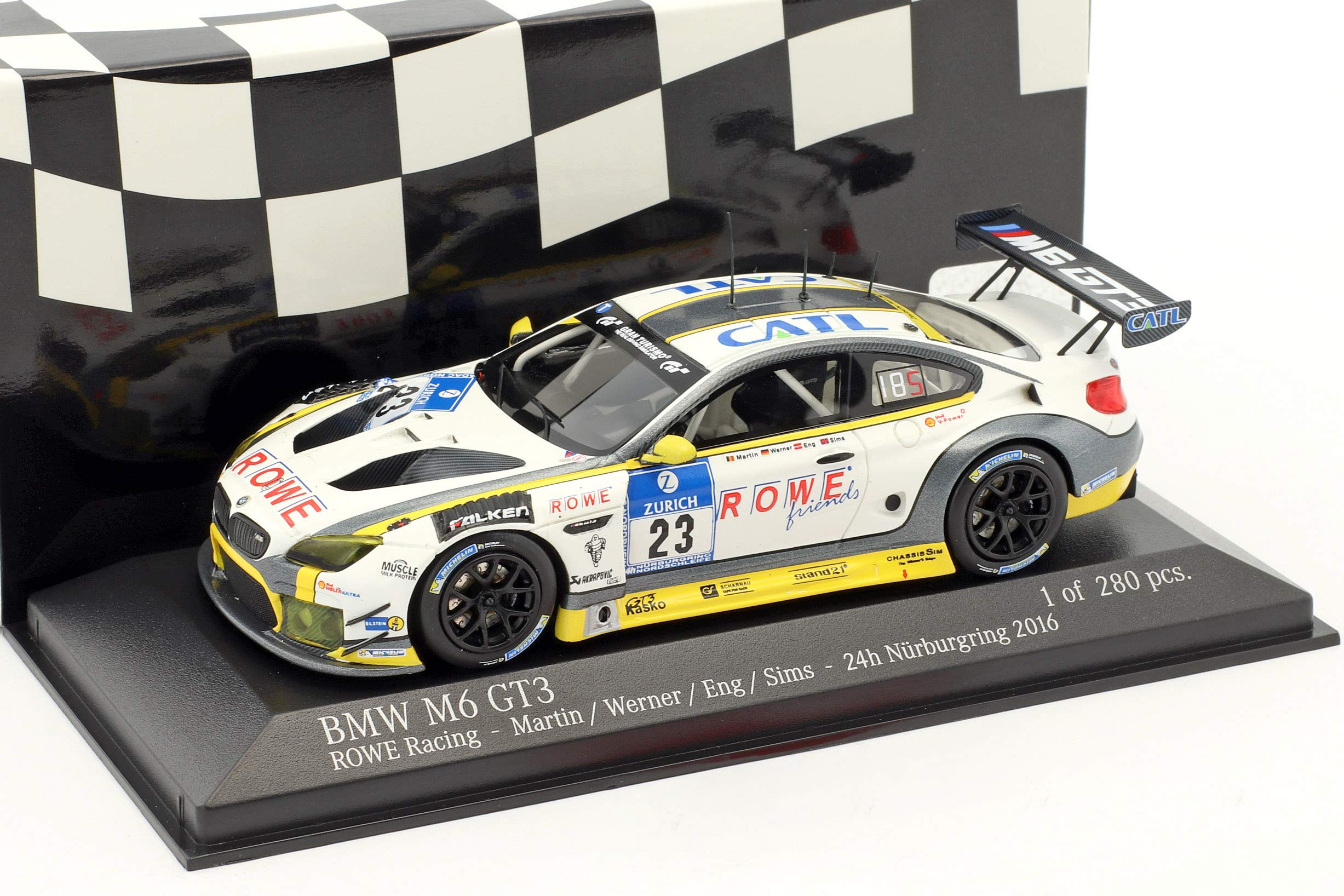

Minichamps scale resin BMW M6 GT3 2016 24H Werner 1/43 #23, Nürburgring race, A. Sims, P. Eng, M. Martin, D.
