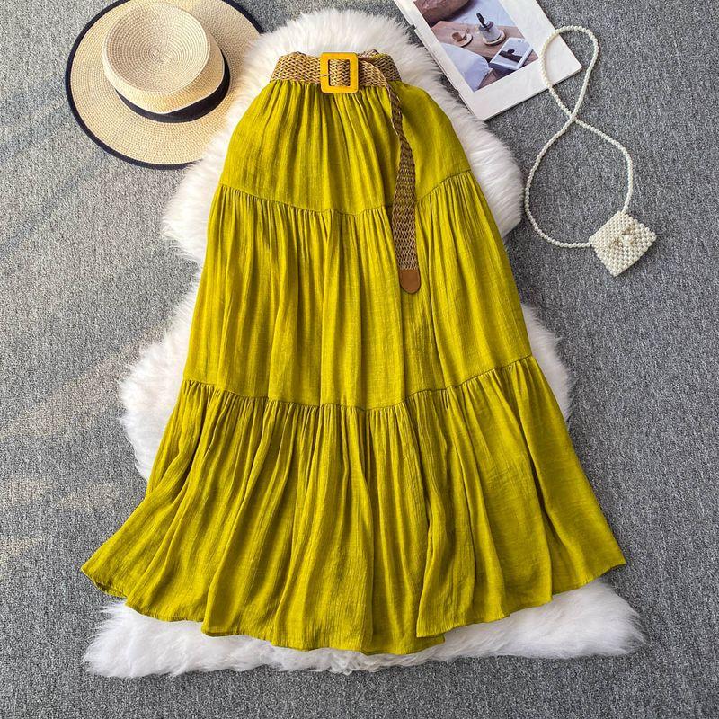 

White Skirt Women clothes 2025 Summer Small Mid-Length Casual High Waist Slimming Big Hemline Puffy Cake Skirt Olive green One size
