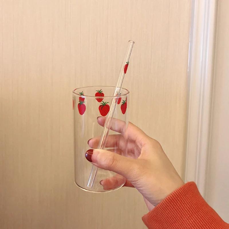 300ML Ins Kawaii Style Mugs Strawberry Glasses Coffee Milk Water Glass Cups with Straws Clear Cute Juice Gifts for Girl Lady Set