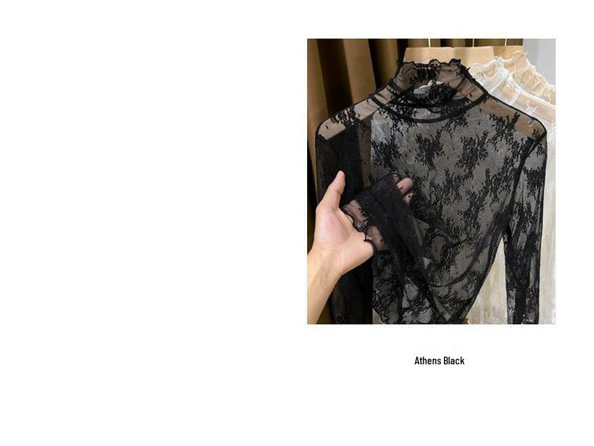 Fleece-Lined High-Neck Sheer Lace Base Layer for Women – Autumn/Winter Trendy White Mesh Top