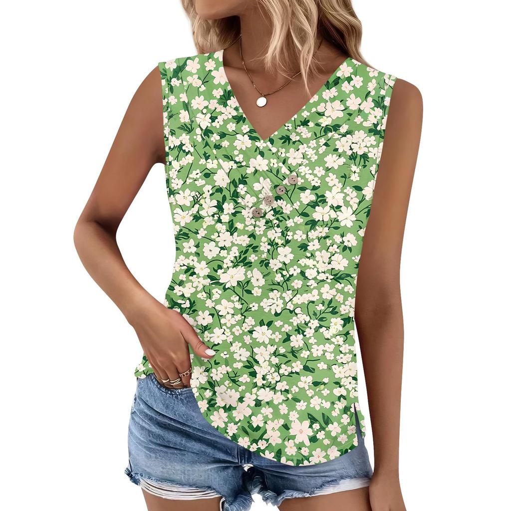 Women's Print Tank Top Button-down V-neck T-shirt Sleeveless Loose Fashion Top