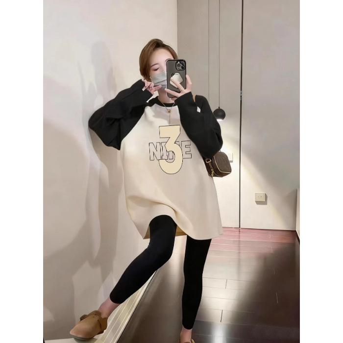 Women s Chic Oversized Mid-Length Hoodie - Long Sleeve Autumn Top Medium абрикосовый/чёрный