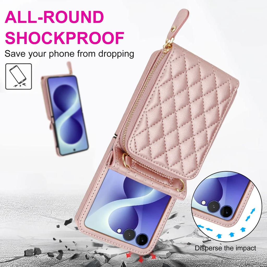Crossbody portemonnee met lange riem, meerdere sleuven, ritssluiting, leren hoesje, geschikt voor Samsung Galaxy Z Flip 8 7 6 5 4 3 5G Beschermhoes