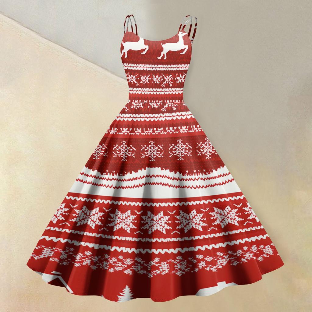 Women's Casual Sleeveless Dress with Christmas Print and Round Neck for Holiday Party