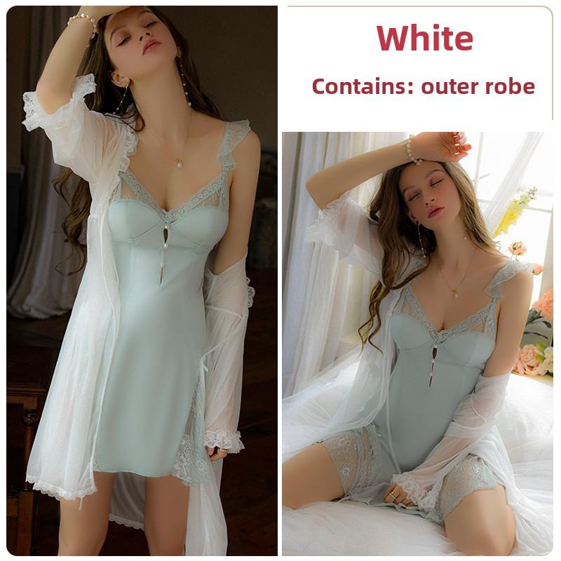 

Satin Splicing Lace Sexy Deep V Chest Pad Suspender Nightdress Women s Loungewear One size