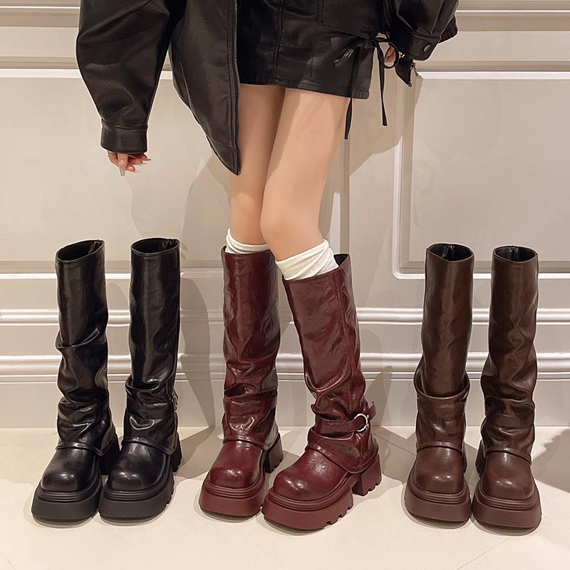 Fashion Knee High Belt Buckle Round Toe Thick Sole Platform Chunky Heels Women Boots Solid Color Slip on Ins Western Sexy Shoes