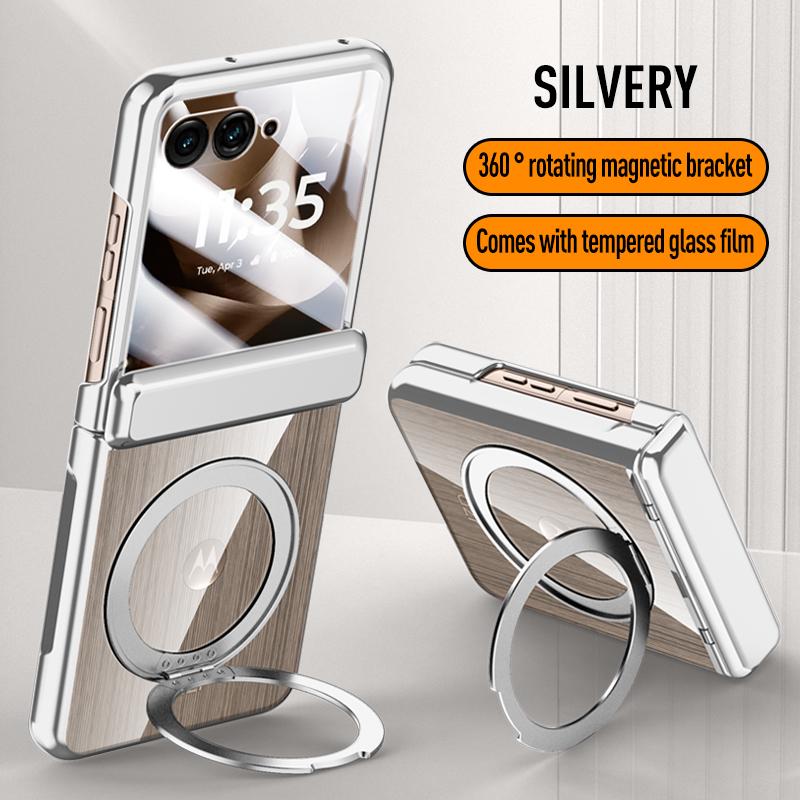 For MOTO Razr 60 60 Ultra 360° Swivel Alloy Bracket Magnetic & Bracket & Ring 3-in-1 Tempered Glass Film Anti-Drop Phone Case