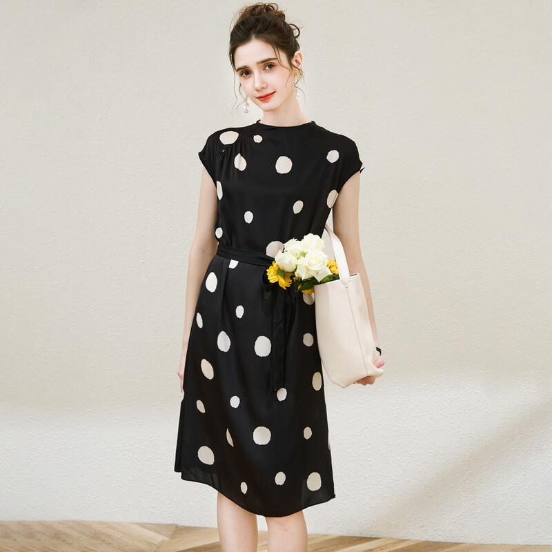 TUHUANG Hepburn Style Mulberry Silk Polka Dot A-Line Midi Dress L
