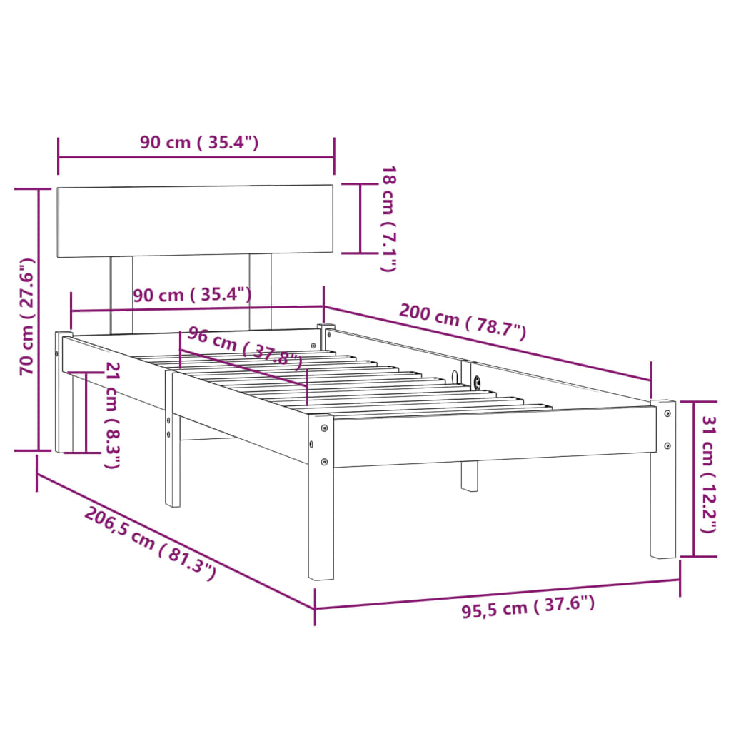 Solid Wood Bed White Pine 90x200 Cm