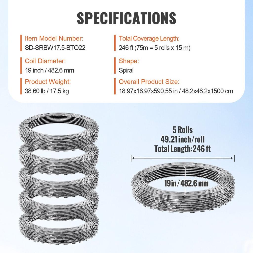 Razor Wires, 246 ft Razor Barbed Wire, 5 Rolls Razor Wire Fencing Razor Fence, Razor Ribbon Barbed Wire Galvanized Razor Wire Fence, Rolls Razor for