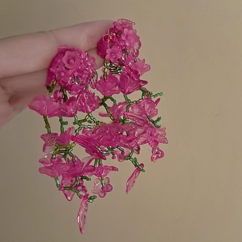 Pink acrylic glass beads flower fringed earrings fashionable fresh studs sweet versatile earrings