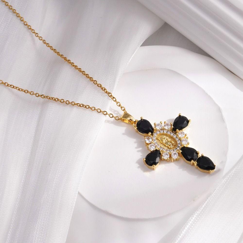 Light Zircon Cross Necklace Retro European Style Crucifix Pendant Chain  Church