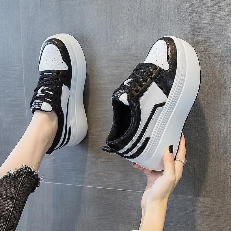 Fashion 8cm Cow Genuine Leather Autumn Spring Platform Wedge High Fashion Breathable Sneakers Chunky Casual Women Moccasins Shoes