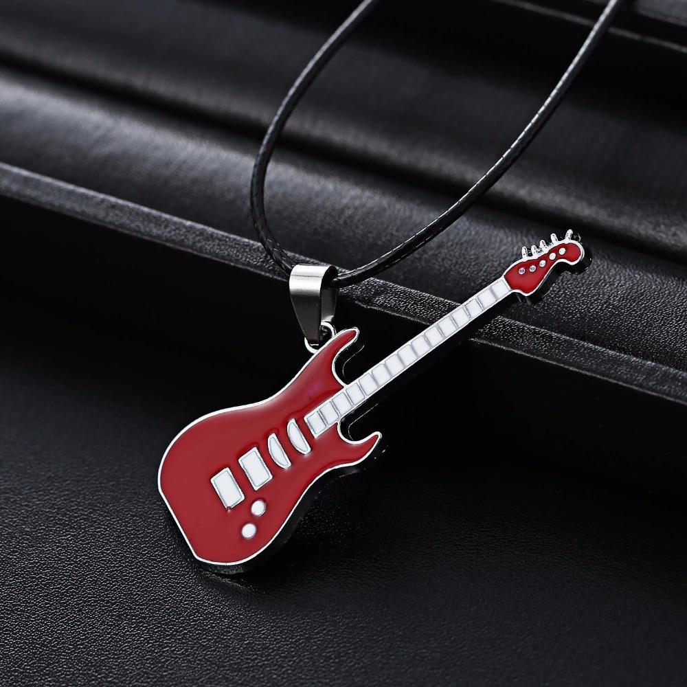 Rinhoo Trendy Leather Chain Guitar Necklace For Men Punk Rock Music Jewelry Gift Stainless Steel Necklace Pendant Wholesale