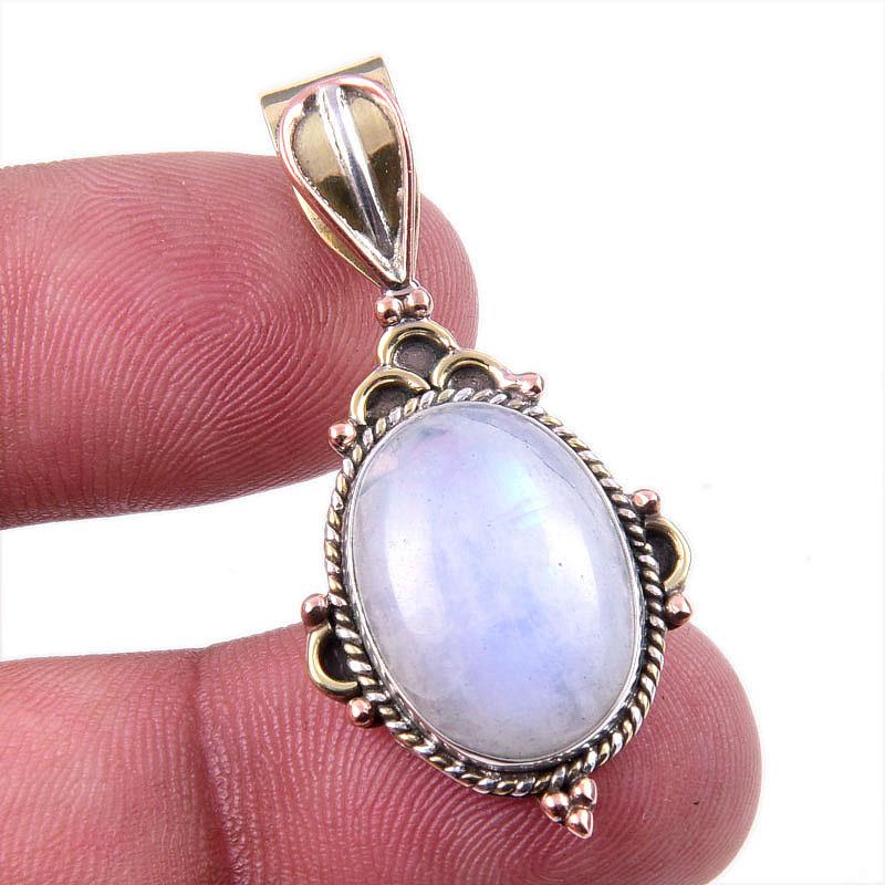 Natural Rainbow Moonstone Gemstone 925 Solid Silver Two Tone Pendant 1.50" N3t68