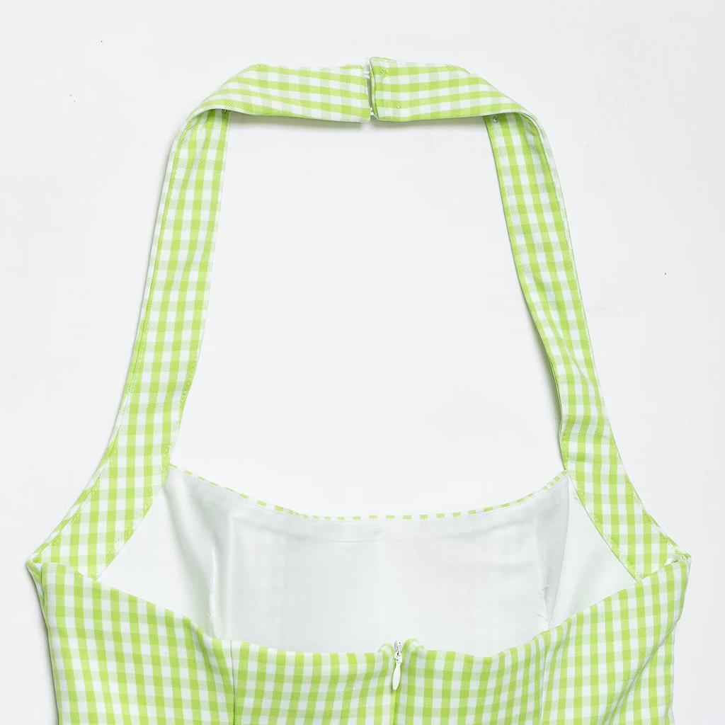 Summer Fashion Women's French Neck Straps Sexy Slim Small Plaid Short Dress