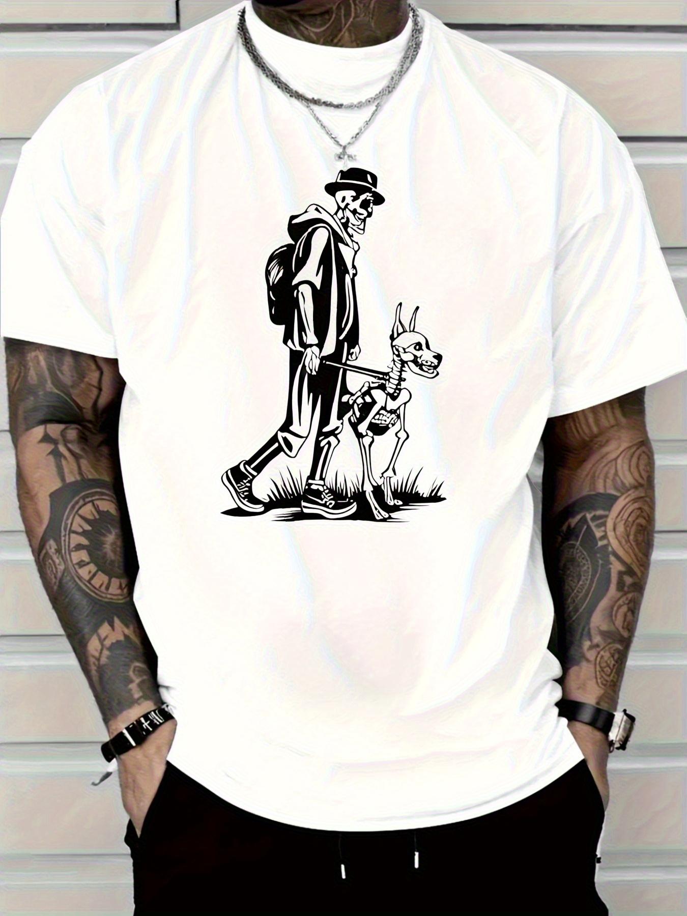 Mens Cotton TShirt Casual Crew Neck Short Sleeve TShirt with Man and Dog Walking Graphic Print Machine Wash S