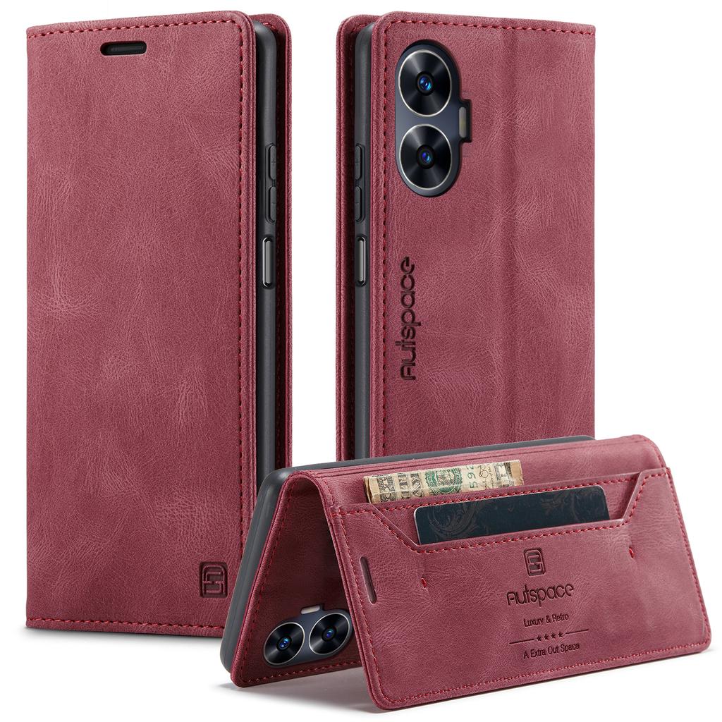 Pro Realme C55 4G Peněženkové pouzdro AUTSPACE A01 Kožený stojánek s držitelem karet s RFID blokováním