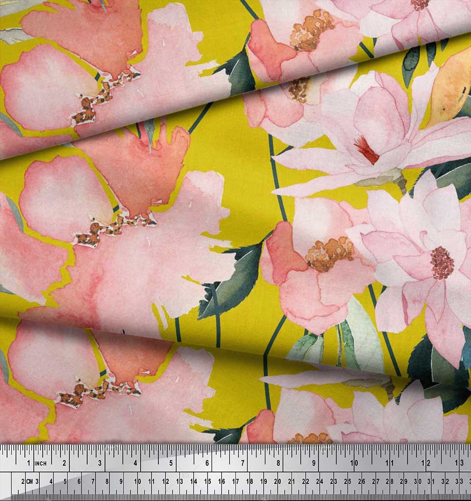 

Тканина Soimoi Blue Japan Crepe Satin Листя та квіткові принти магнолій на метр 42 дюйма 42 Inch Wide - Poly Crepe жовтий